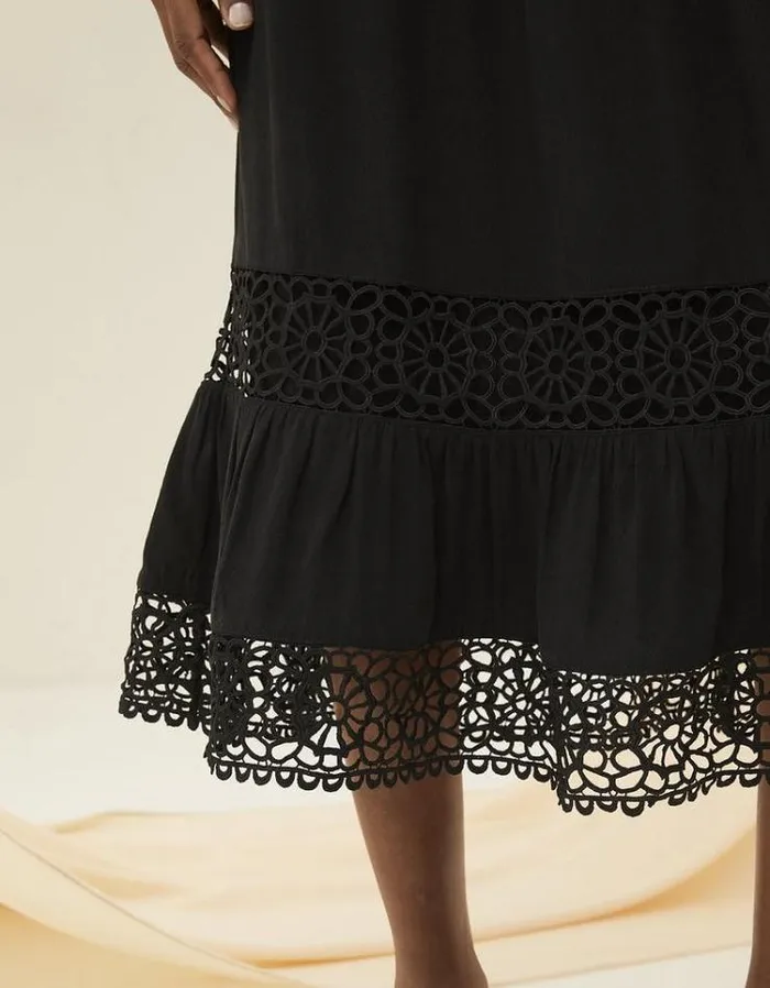 Women FatFace Vacation Shop Hibiscus Lace Midi Dress Black