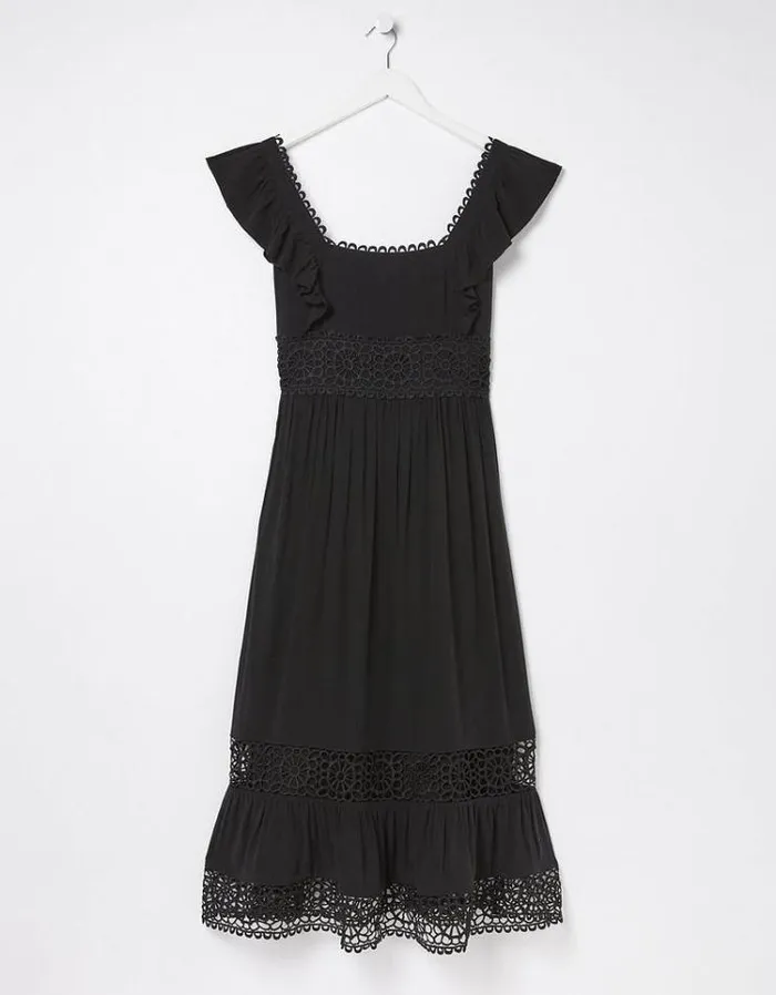Women FatFace Vacation Shop Hibiscus Lace Midi Dress Black