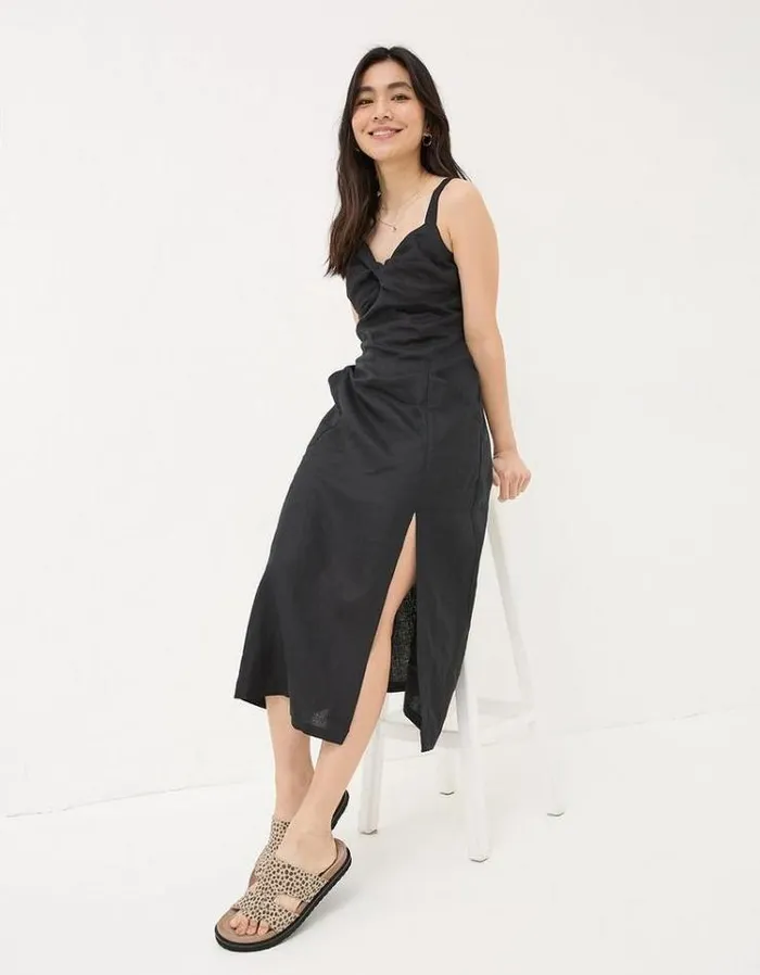 Women FatFace Vacation Shop Talia Linen Midi Dress Black
