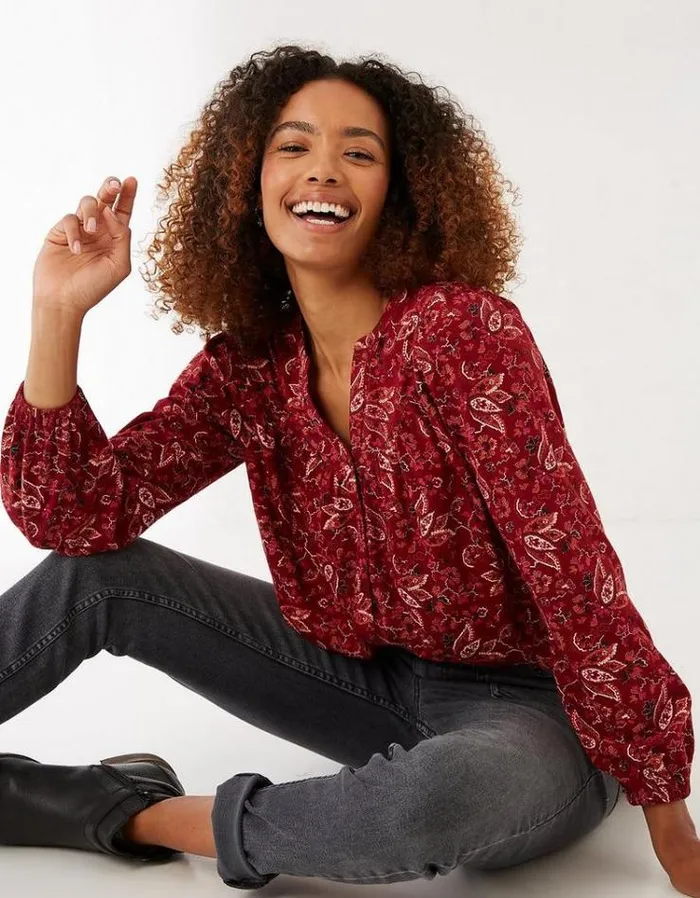 Women FatFace Women039s Sale Betty Floral Craft Longline Top Dark Red