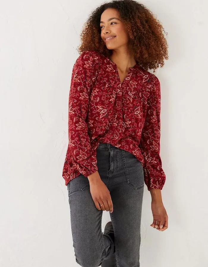 Women FatFace Women039s Sale Betty Floral Craft Longline Top Dark Red