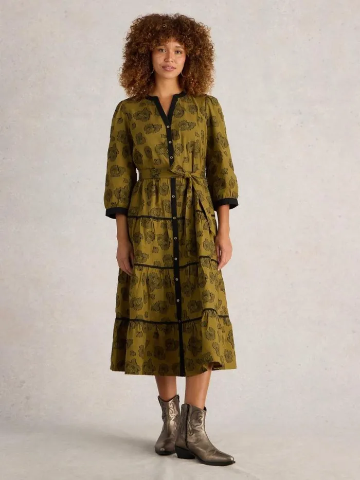 Women Fawn Jacquard Midi Dress Green Multi White Stuff Party Dresses
