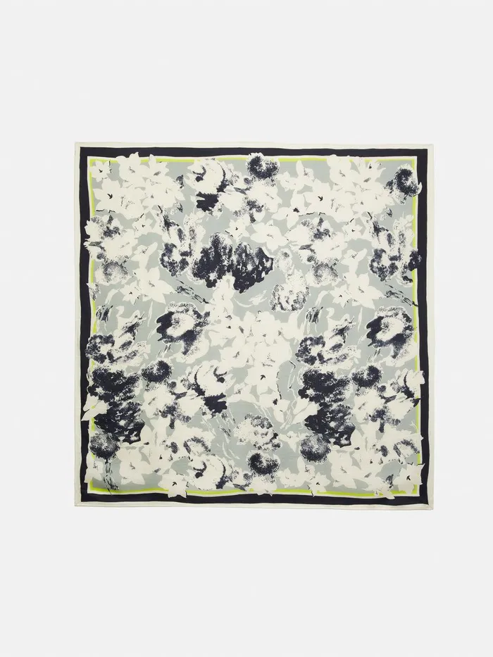 Women Floral Echo Silk Twill Scarf Grey Jigsaw Ponchos and Scarves