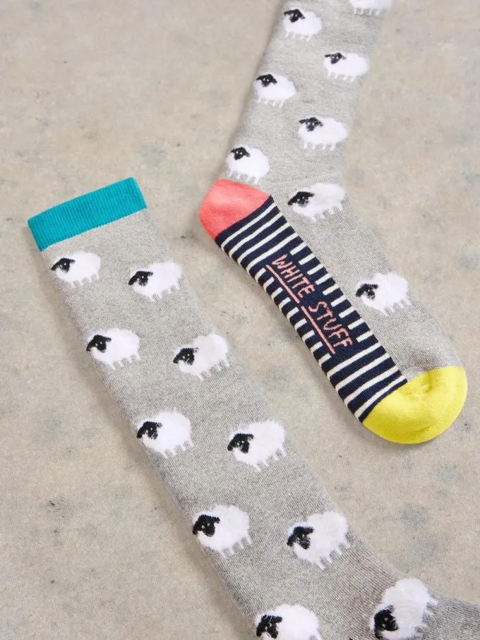 Women Fluffy Sheep Knee High Sock Grey Multi White Stuff Socks