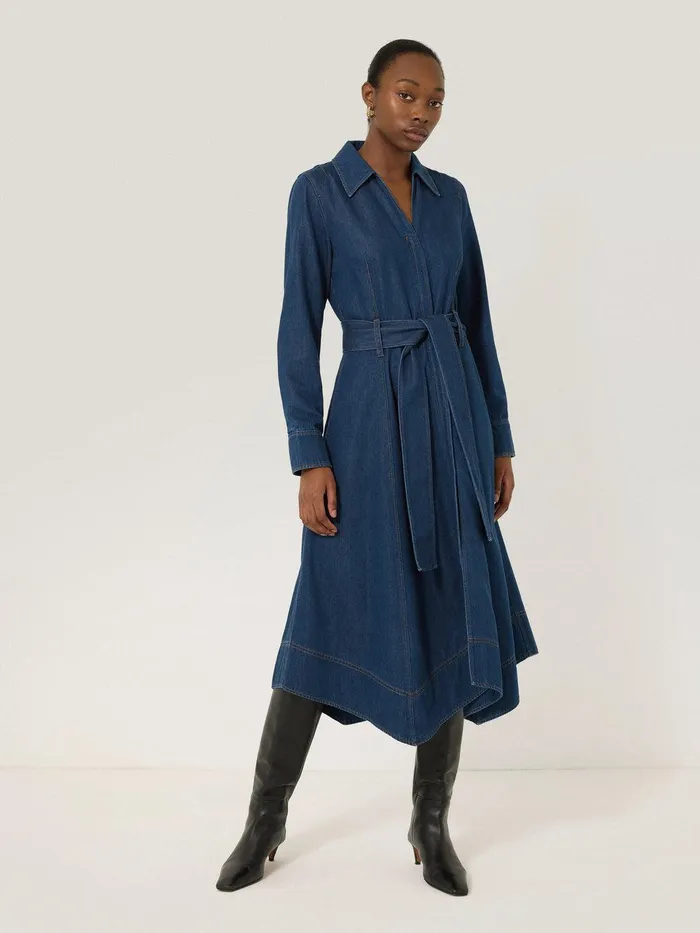 Women Fluid Denim Belted Shirt Dress Indigo Jigsaw Denim