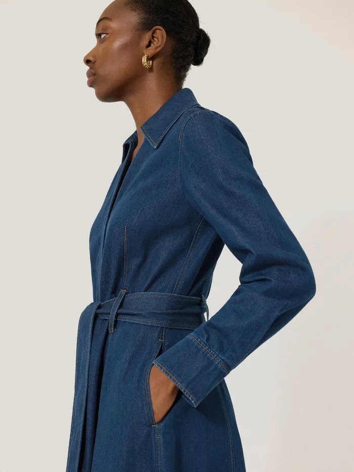 Women Fluid Denim Belted Shirt Dress Indigo Jigsaw Denim