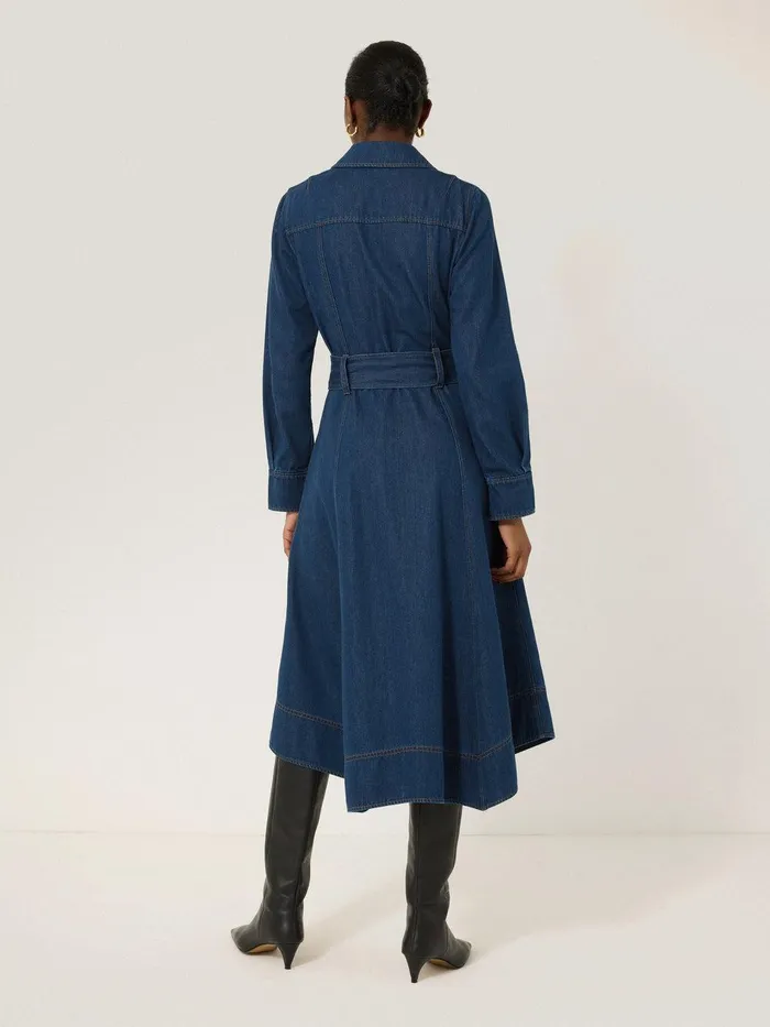 Women Fluid Denim Belted Shirt Dress Indigo Jigsaw Denim
