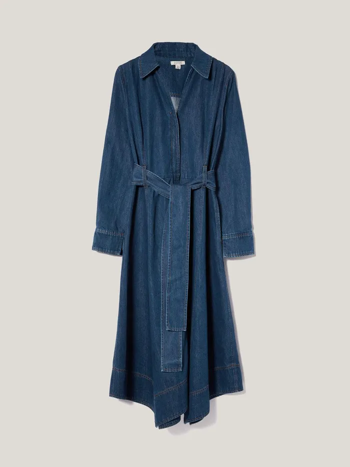 Women Fluid Denim Belted Shirt Dress Indigo Jigsaw Denim