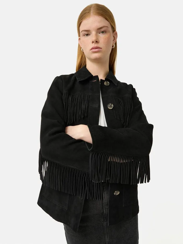 Women Fringed Suede Jacket Black Jigsaw Leather
