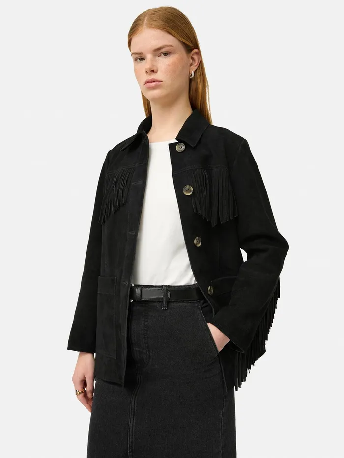 Women Fringed Suede Jacket Black Jigsaw Leather