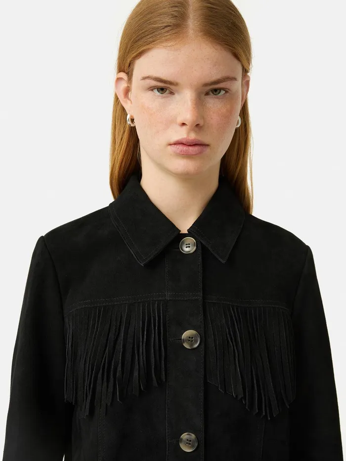 Women Fringed Suede Jacket Black Jigsaw Leather
