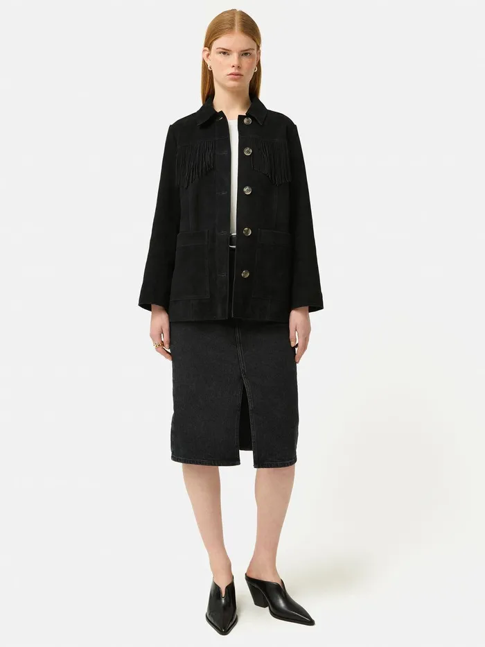 Women Fringed Suede Jacket Black Jigsaw Leather