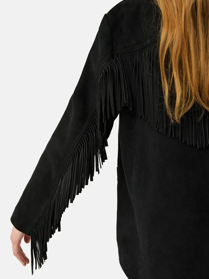 Women Fringed Suede Jacket Black Jigsaw Leather