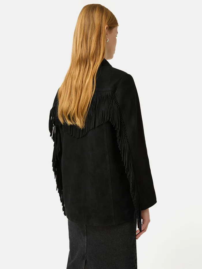 Women Fringed Suede Jacket Black Jigsaw Leather