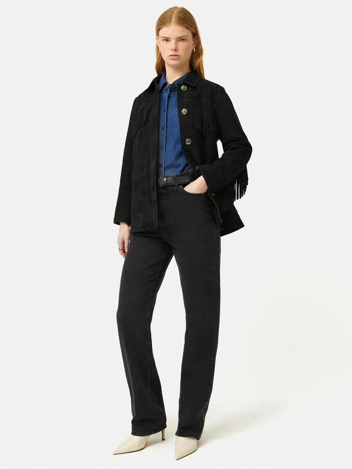 Women Fringed Suede Jacket Black Jigsaw Leather
