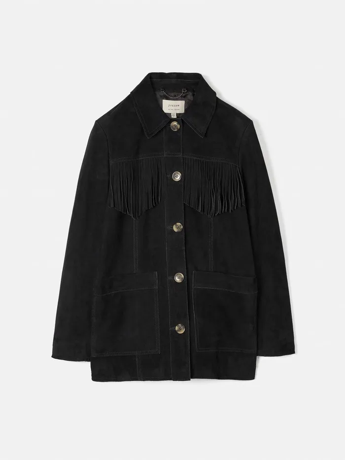 Women Fringed Suede Jacket Black Jigsaw Leather