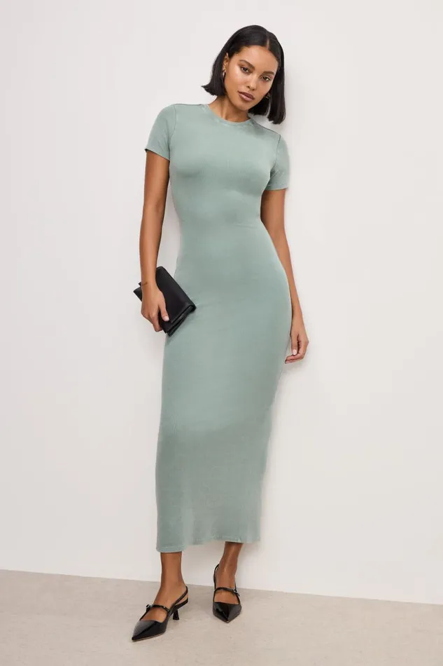 Women GOOD AMERICAN Dresses RIBBED TEE MAXIDRESS Washed Fatigue Green001