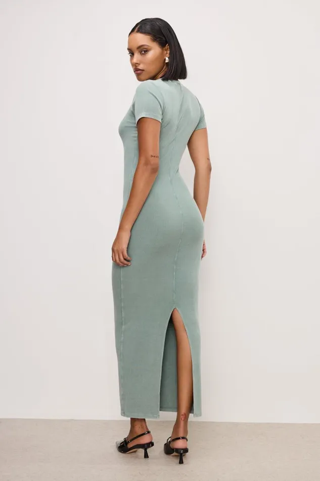 Women GOOD AMERICAN Dresses RIBBED TEE MAXIDRESS Washed Fatigue Green001