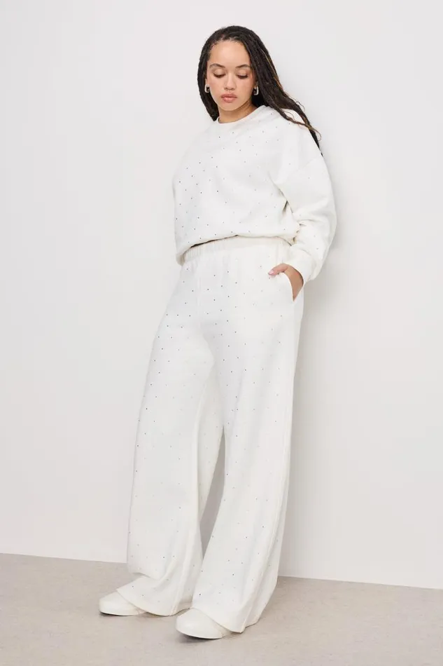 Women GOOD AMERICAN Pants CRYSTAL WIDE LEGSWEATPANTS Cloud White001