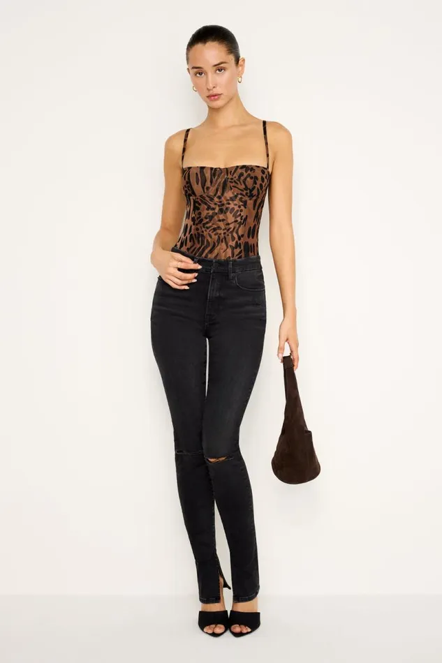 Women GOOD AMERICAN Tops MESH BUSTIERBODYSUIT Warped Leopard004