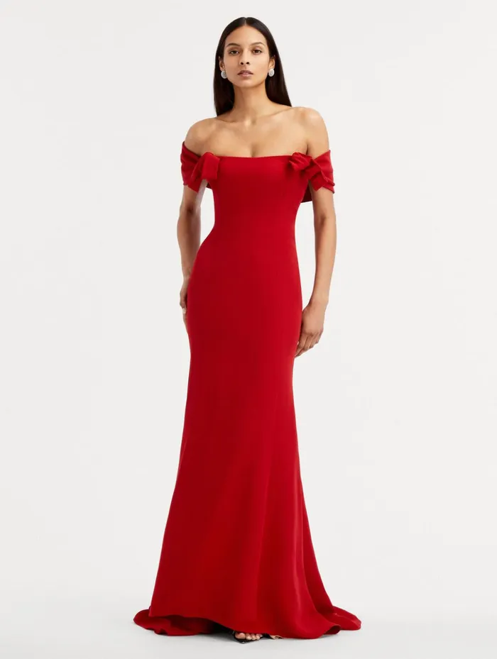 Women Gowns and Caftans Oscar De La Renta Cady Off Shoulder Peasante Gown Crimson