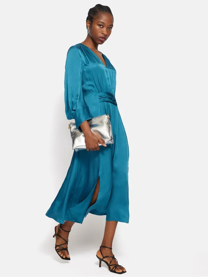 Women Hammered Satin Midi Dress Blue Jigsaw Party