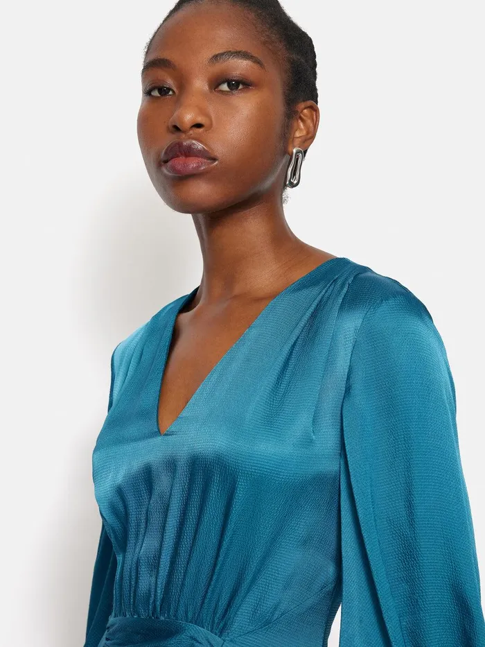 Women Hammered Satin Midi Dress Blue Jigsaw Party