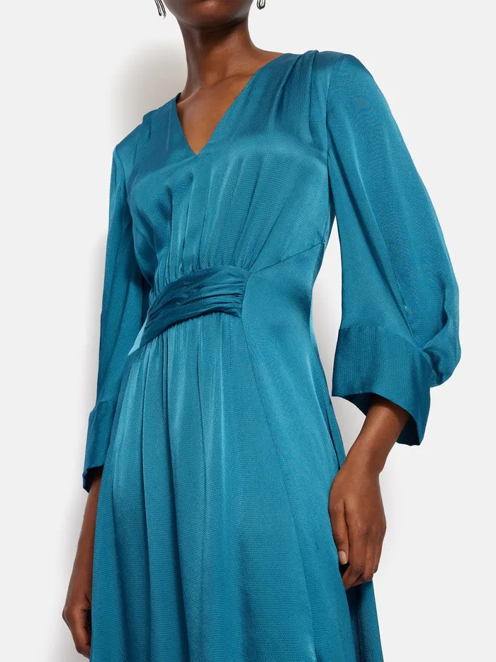 Women Hammered Satin Midi Dress Blue Jigsaw Party