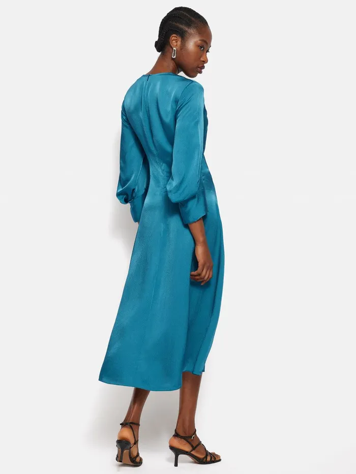 Women Hammered Satin Midi Dress Blue Jigsaw Party