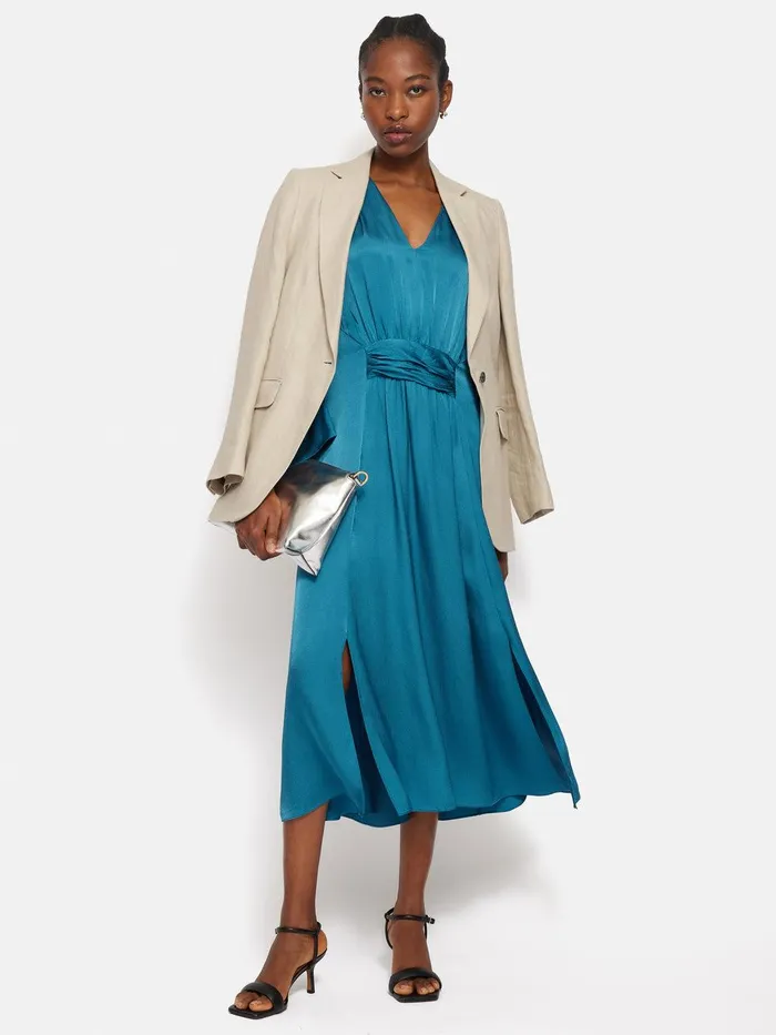 Women Hammered Satin Midi Dress Blue Jigsaw Party
