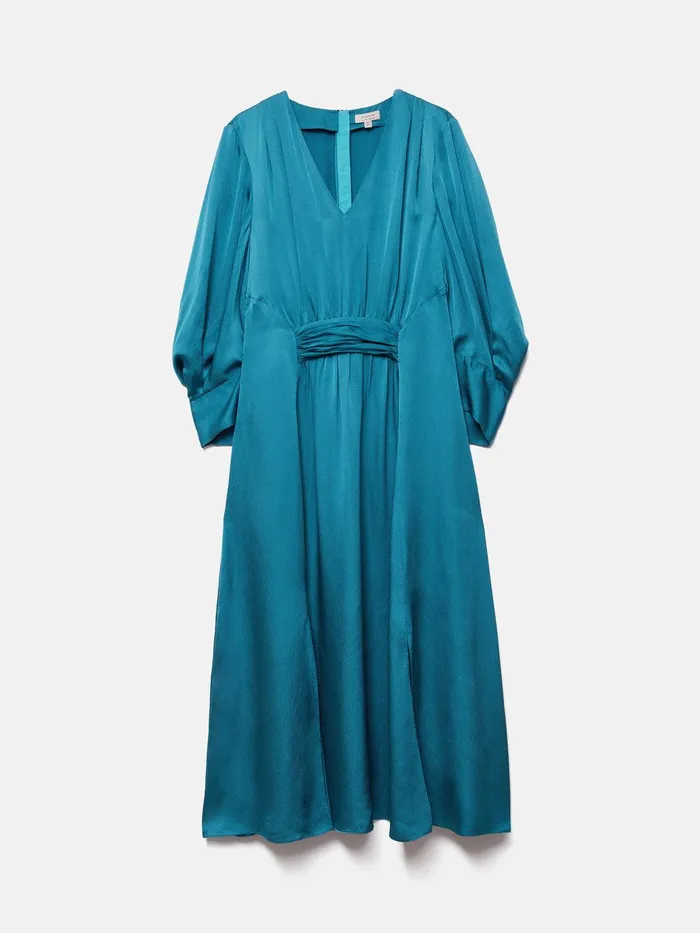 Women Hammered Satin Midi Dress Blue Jigsaw Party