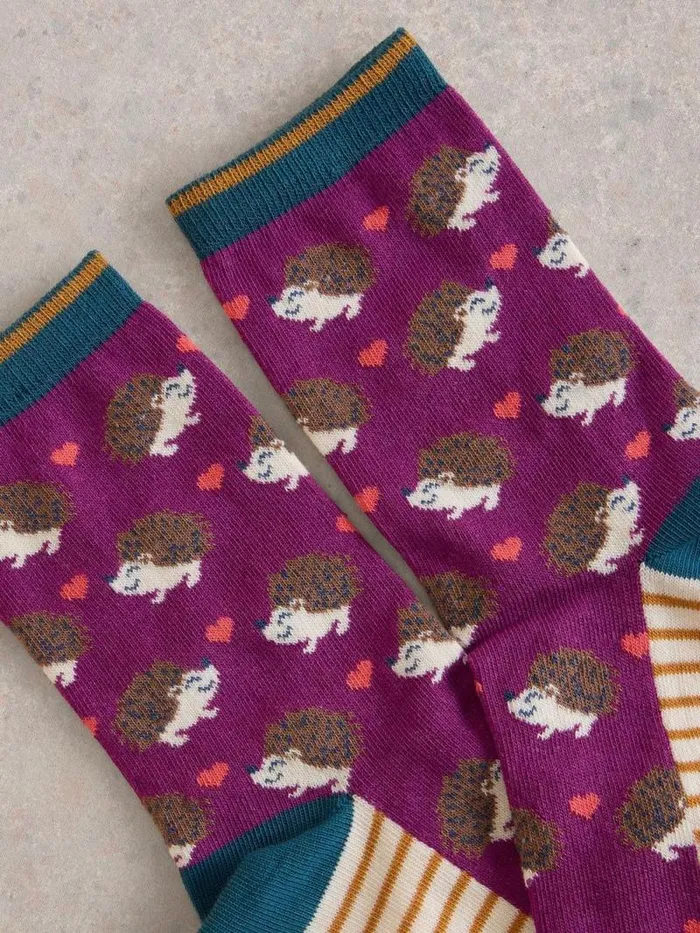 Women Heart Hedgehog Ankle Sock Purple Multi White Stuff Socks