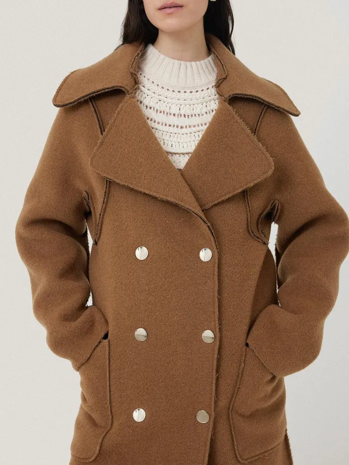Women Italian Wool Raw Edge Coat Camel Jigsaw Coats and Jackets