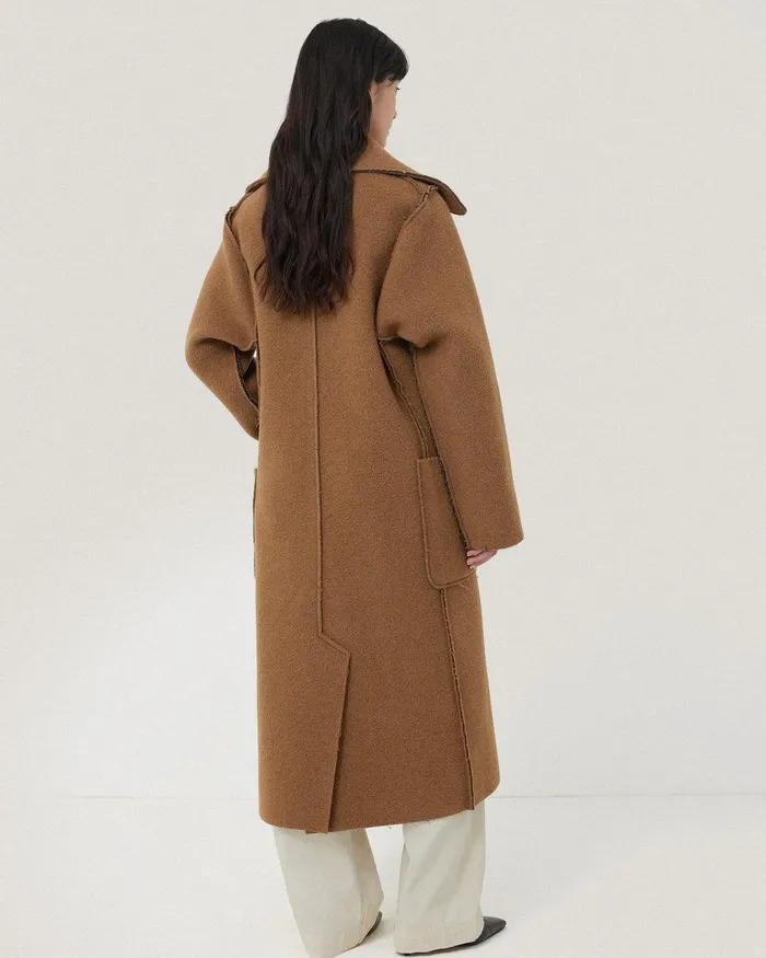 Women Italian Wool Raw Edge Coat Camel Jigsaw Coats and Jackets