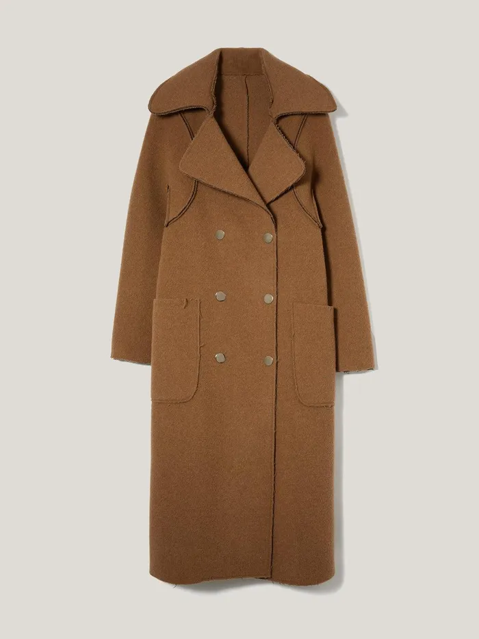 Women Italian Wool Raw Edge Coat Camel Jigsaw Coats and Jackets