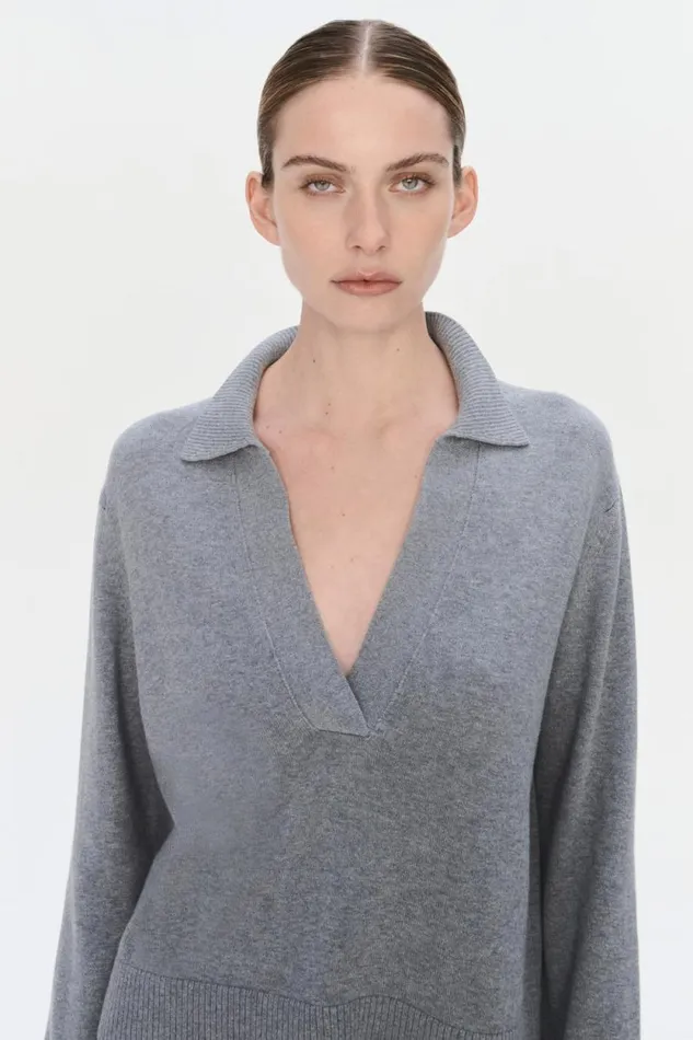 Women Knitwear Jonathan Simkhai Long Sleeve Polo Heather Grey Long Sleeve Polo Shirt