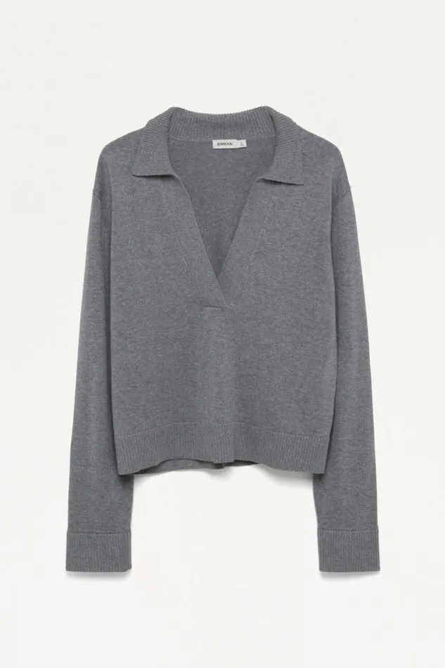 Women Knitwear Jonathan Simkhai Long Sleeve Polo Heather Grey Long Sleeve Polo Shirt