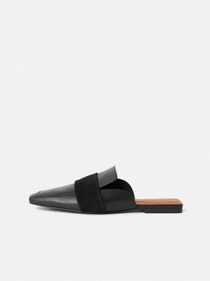 Women Leather Backless Loafer Black Jigsaw Flats