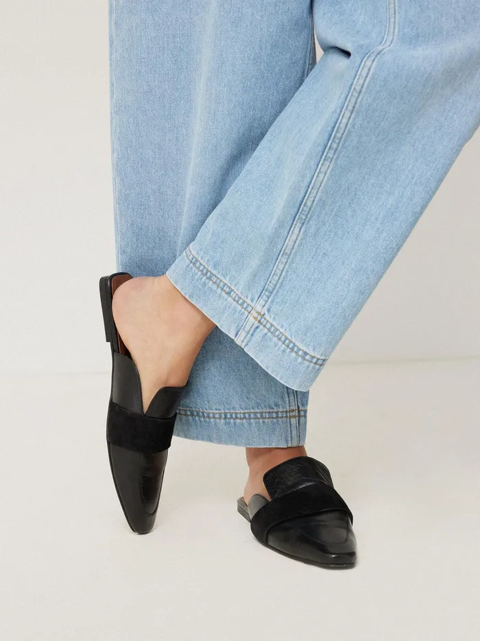 Women Leather Backless Loafer Black Jigsaw Flats