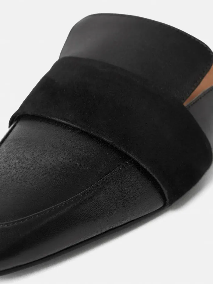 Women Leather Backless Loafer Black Jigsaw Flats