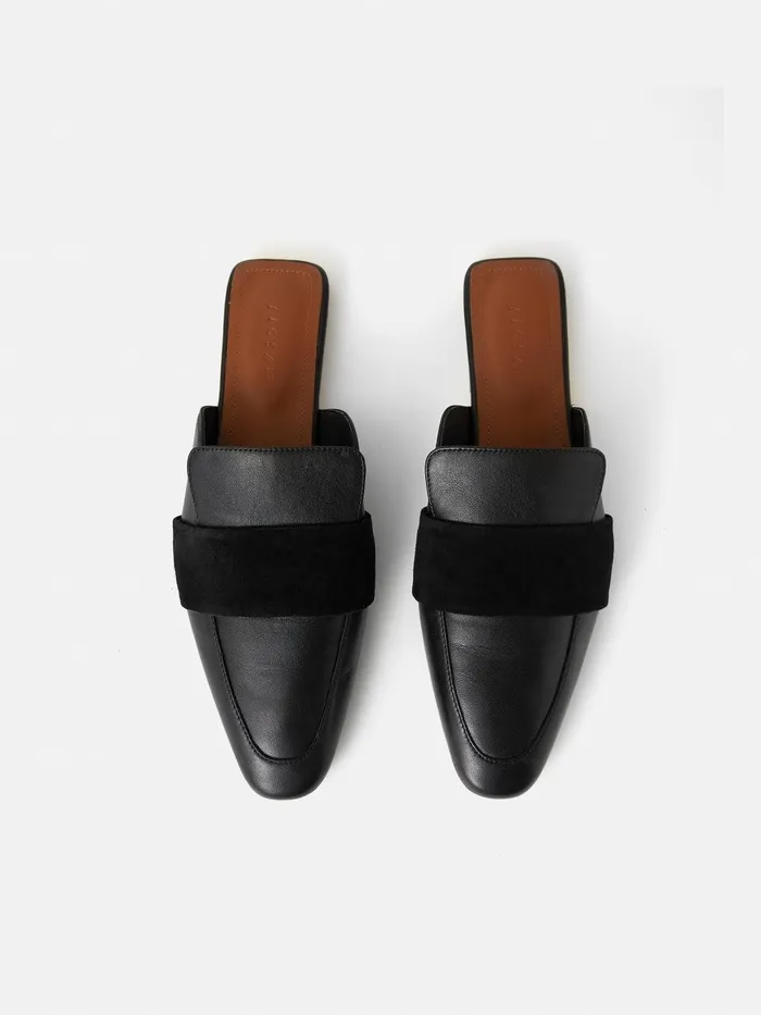 Women Leather Backless Loafer Black Jigsaw Flats
