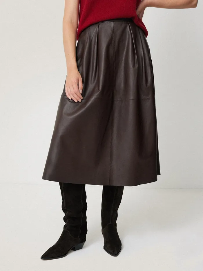 Women Leather Pleat Midi Skirt Brown Jigsaw Skirts