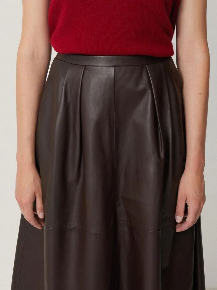 Women Leather Pleat Midi Skirt Brown Jigsaw Skirts