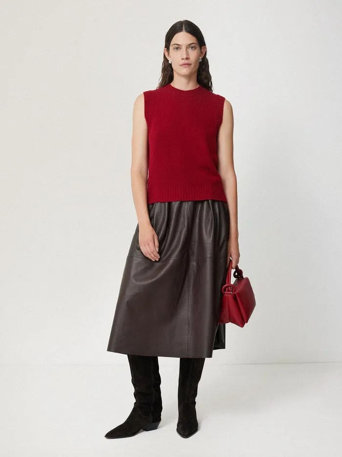 Women Leather Pleat Midi Skirt Brown Jigsaw Skirts