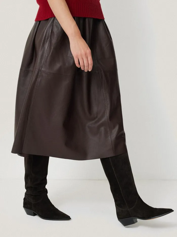 Women Leather Pleat Midi Skirt Brown Jigsaw Skirts