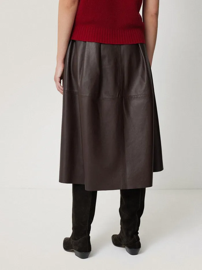 Women Leather Pleat Midi Skirt Brown Jigsaw Skirts