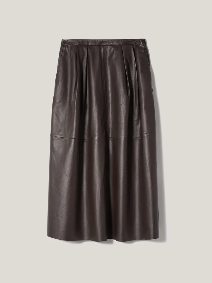 Women Leather Pleat Midi Skirt Brown Jigsaw Skirts