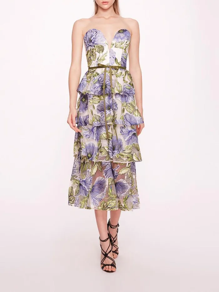 Women Marchesa Marchesa Notte Embroidered Plunging Midi Dress Blue White