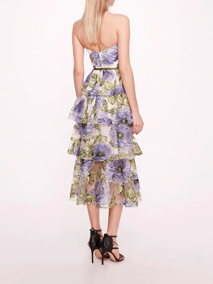 Women Marchesa Marchesa Notte Embroidered Plunging Midi Dress Blue White