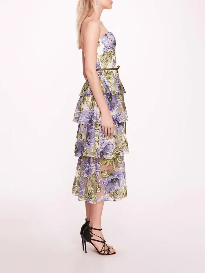 Women Marchesa Marchesa Notte Embroidered Plunging Midi Dress Blue White